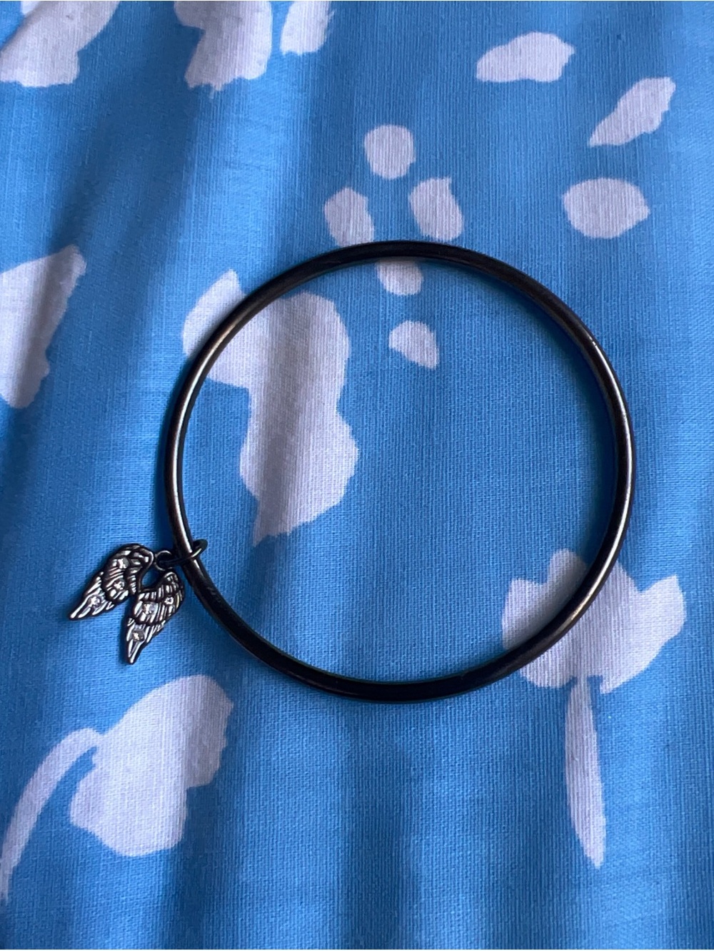 Black Bangle Bracelet with Silver Angel Wing Charm